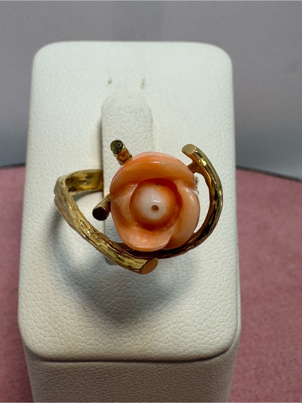 14KT Yellow Gold Flower Carved Coral Ring